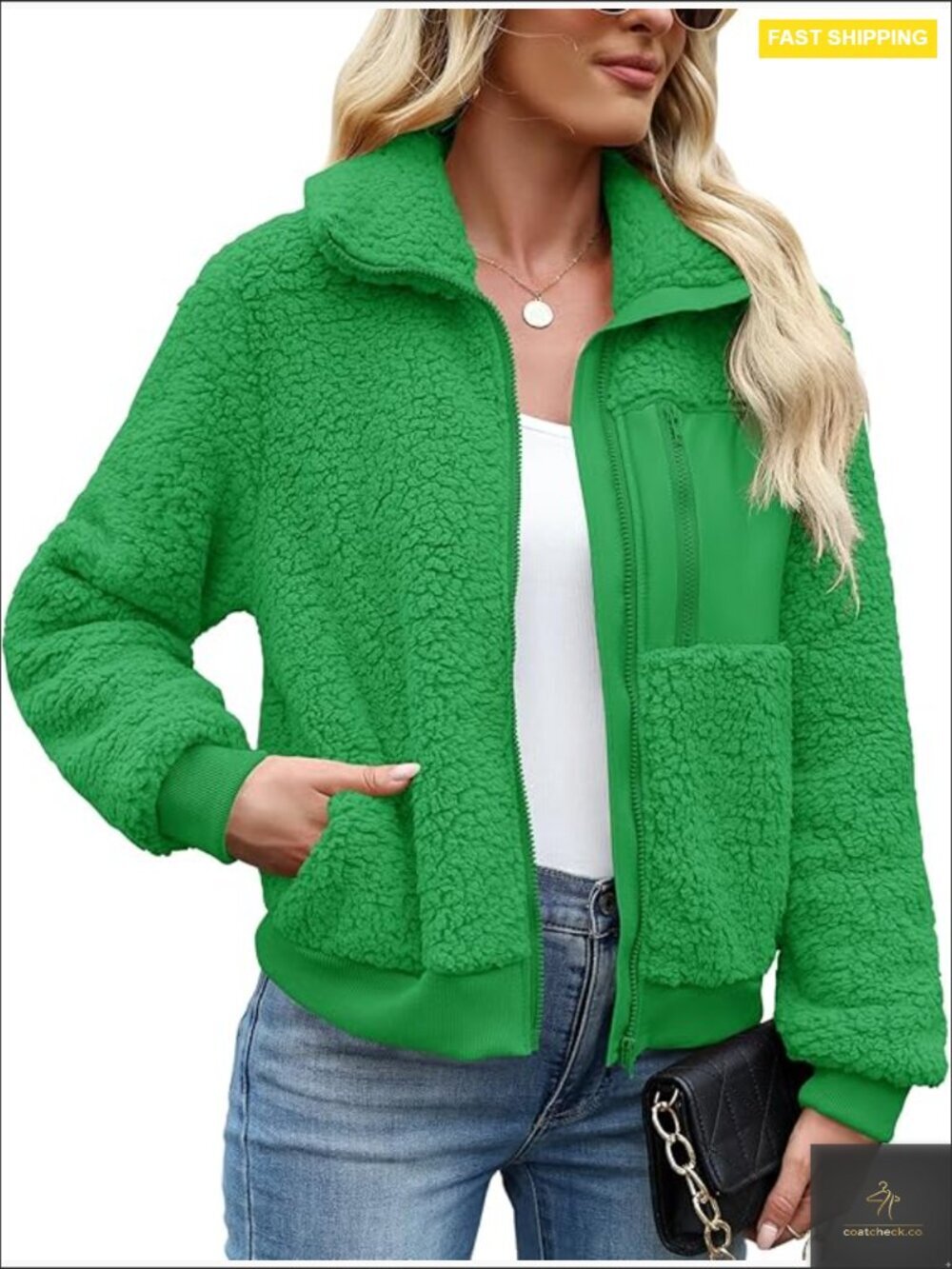 Faux Fur Jacket Sherpa Fleece Zip Up Cozy Winter Fuzzy Outerwear Lapel Collar